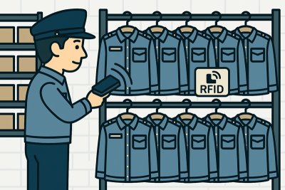 RFIDがついた制服を倉庫で棚卸